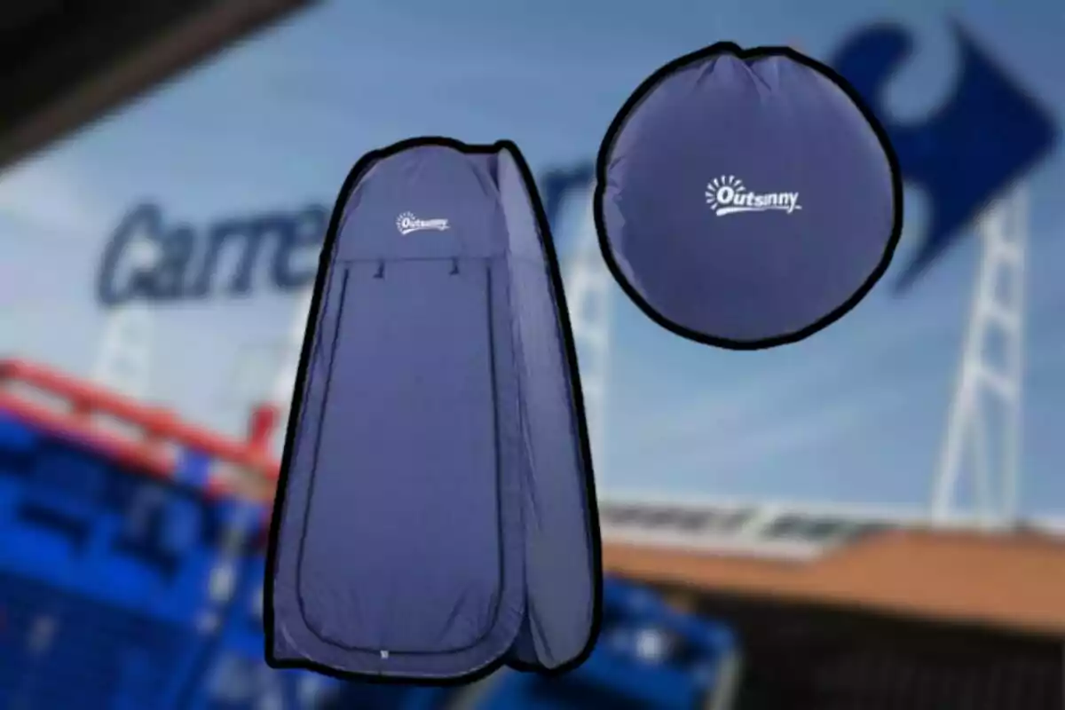 Tienda portátil azul de la marca Outsunny junto a su funda circular con fondo desenfocado de una tienda Carrefour Tienda portátil azul de la marca Outsunny junto a su funda circular con fondo desenfocado de una tienda Carrefour