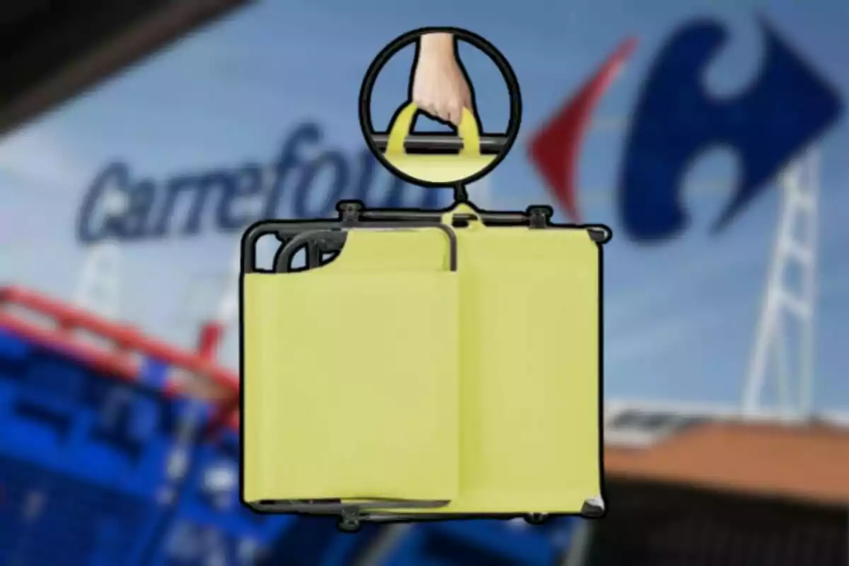 Bolsa amarilla reutilizable con asa negra sostenida por una mano frente a un supermercado Carrefour desenfocado Bolsa amarilla reutilizable con asa negra sostenida por una mano frente a un supermercado Carrefour desenfocado