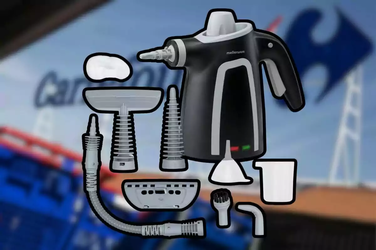 Imagen de un limpiador a vapor portátil con varios accesorios sobre un fondo desenfocado de un supermercado. Imagen de un limpiador a vapor portátil con varios accesorios sobre un fondo desenfocado de un supermercado.