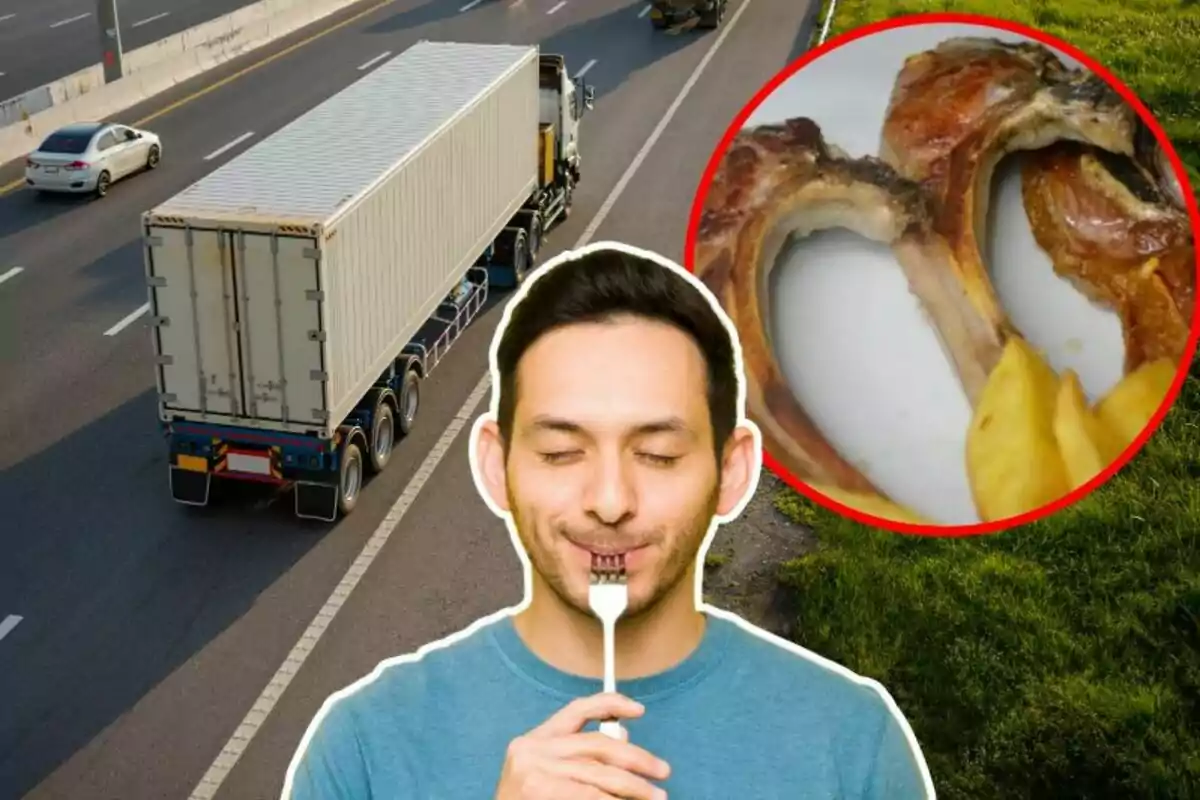 Un hombre con los ojos cerrados sostiene un tenedor frente a su boca mientras en el fondo se ve un camión en la carretera y un plato con costillas y papas.