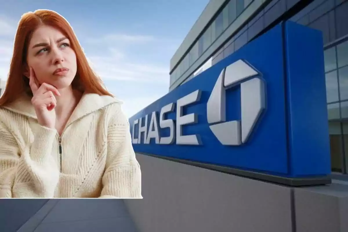 Una mujer pensativa con un suéter claro está superpuesta sobre la imagen de un edificio con el logotipo de Chase. Una mujer pensativa con un suéter claro está superpuesta sobre la imagen de un edificio con el logotipo de Chase.