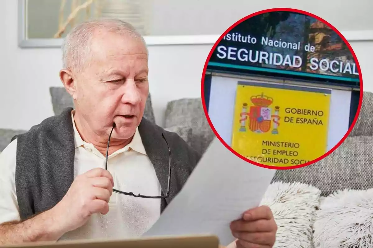 Un hombre mayor revisa un documento mientras sostiene sus gafas, con un recuadro que muestra el logo del Instituto Nacional de Seguridad Social de España.