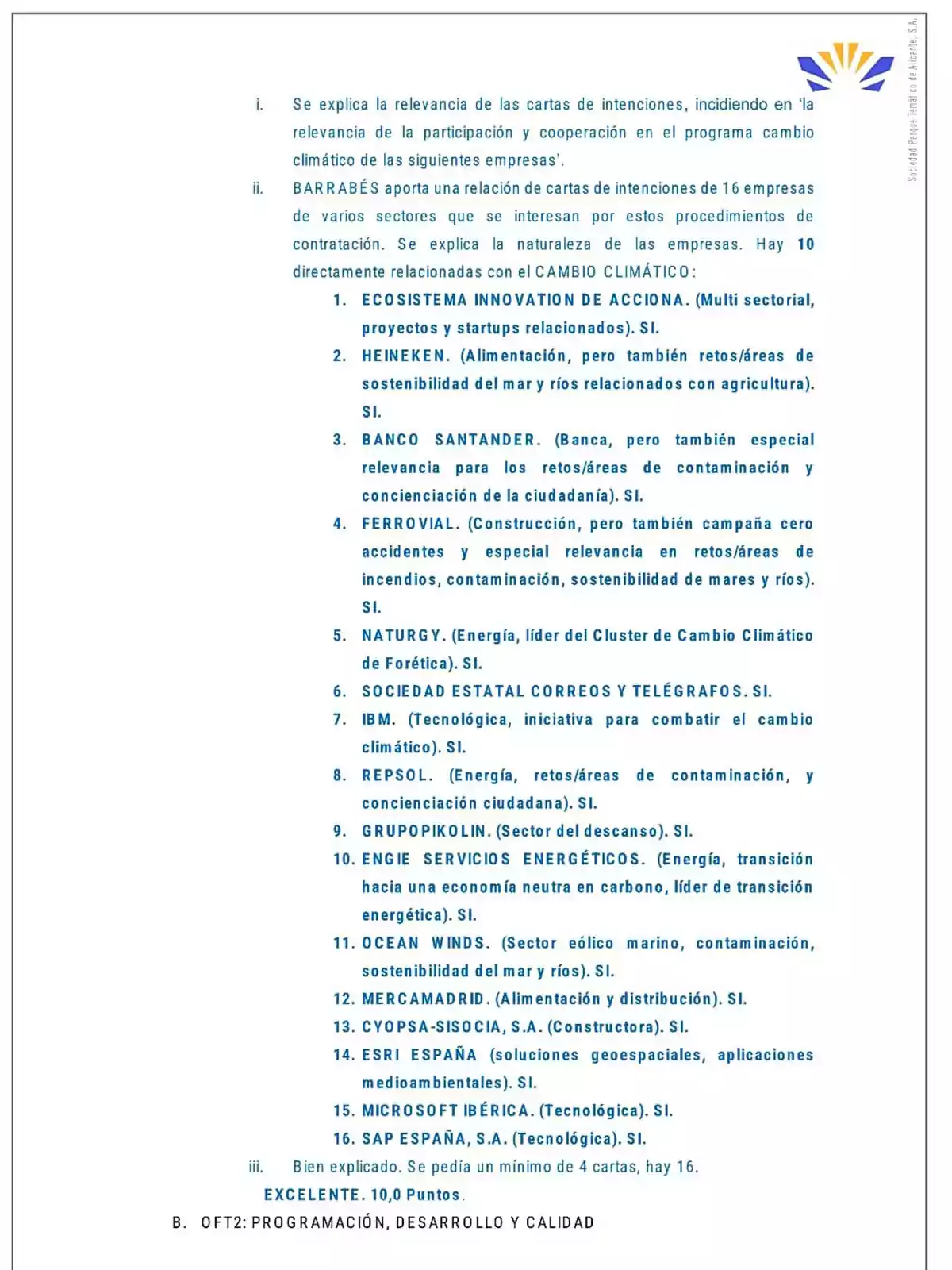 Se explica la relevancia de las cartas de intenciones, incidiendo en 'la relevancia de la participación y cooperación en el programa cambio climático de las siguientes empresas'. BARRABÉS aporta una relación de cartas de intenciones de 16 empresas de varios sectores que se interesan por estos procedimientos de contratación. Se explica la naturaleza de las empresas. Hay 10 directamente relacionadas con el CAMBIO CLIMÁTICO: 1. ECOSISTEMA INNOVATION DE ACCIONA. (Multi sectorial, proyectos y startups relacionados). SI. 2. HEINEKEN. (Alimentación, pero también retos/áreas de sostenibilidad del mar y ríos relacionados con agricultura). SI. 3. BANCO SANTANDER. (Banca, pero también especial relevancia para los retos/áreas de contaminación y concienciación de la ciudadanía). SI. 4. FERROVIAL. (Construcción, pero también campaña cero accidentes y especial relevancia en retos/áreas de incendios, contaminación, sostenibilidad de mares y ríos). SI. 5. NATURGY. (Energía, líder del Cluster de Cambio Climático de Forética). SI. 6. SOCIEDAD ESTATAL CORREOS Y TELÉGRAFOS. SI. 7. IBM. (Tecnológica, iniciativa para combatir el cambio climático). SI. 8. REPSOL. (Energía, retos/áreas de contaminación, y concienciación ciudadana). SI. 9. GRUPOPIKOLIN. (Sector del descanso). SI. 10. ENGIE SERVICIOS ENERGÉTICOS. (Energía, transición hacia una economía neutra en carbono, líder de transición energética). SI. 11. OCEAN WINDS. (Sector eólico marino, contaminación, sostenibilidad del mar y ríos). SI. 12. MERCAMADRID. (Alimentación y distribución). SI. 13. CYOPSA-SISOCIA, S.A. (Constructora). SI. 14. ESRI ESPAÑA (soluciones geoespaciales, aplicaciones medioambientales). SI. 15. MICROSOFT IBÉRICA. (Tecnológica). SI. 16. SAP ESPAÑA, S.A. (Tecnológica). SI. Bien explicado. Se pedía un mínimo de 4 cartas, hay 16. EXCELENTE. 10,0 Puntos. OFT2: PROGRAMACIÓN, DESARROLLO Y CALIDAD