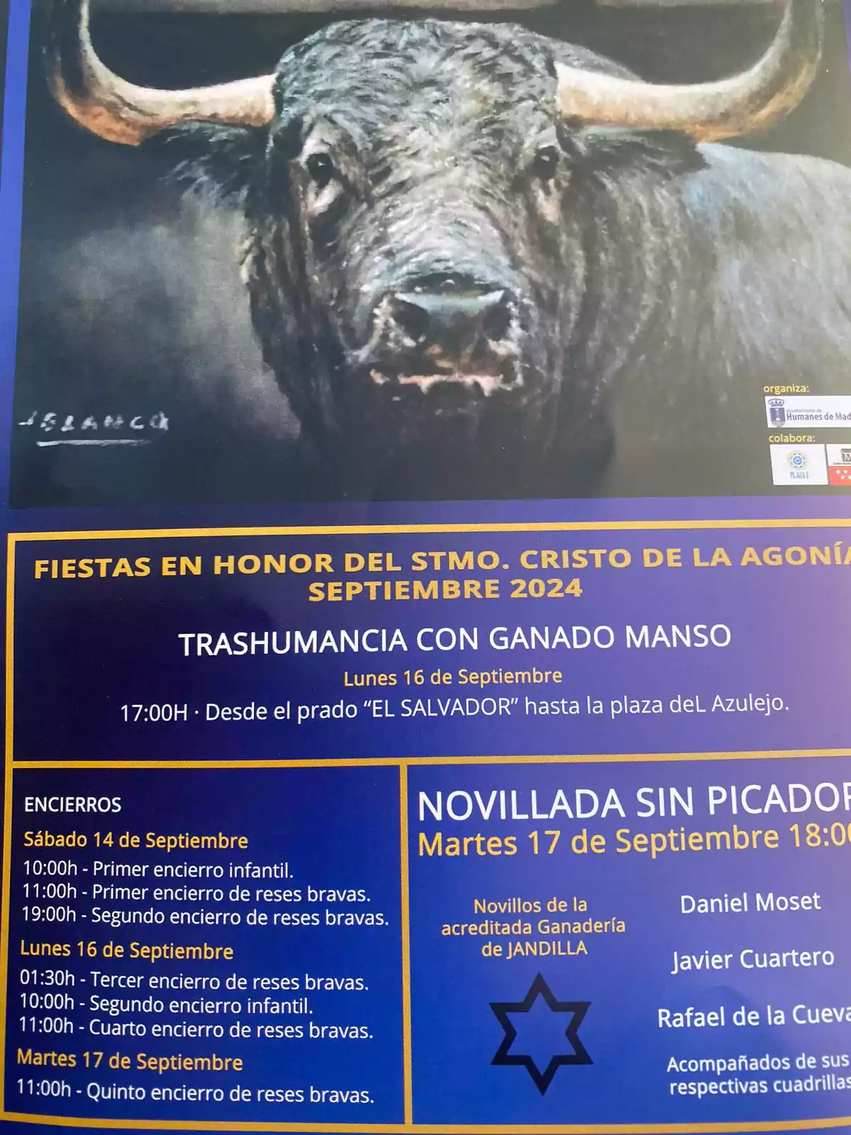 Cartel de las Fiestas en Honor del Stmo. Cristo de la Agonía, Septiembre 2024. Trashumancia con ganado manso, lunes 16 de septiembre a las 17:00h desde el prado 