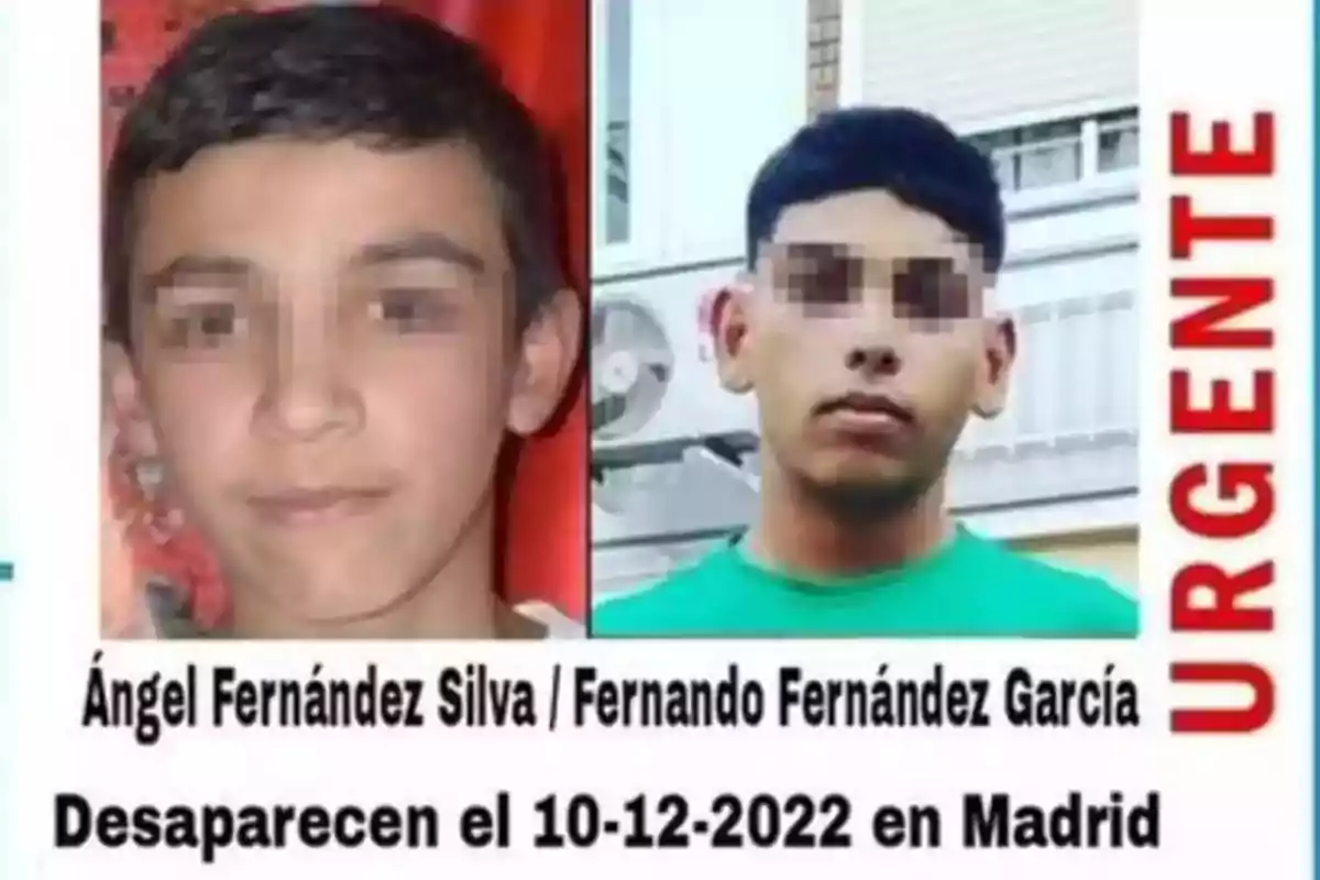 Dos fotos de jóvenes con un aviso de desaparición en Madrid el 10 de diciembre de 2022 y la palabra 