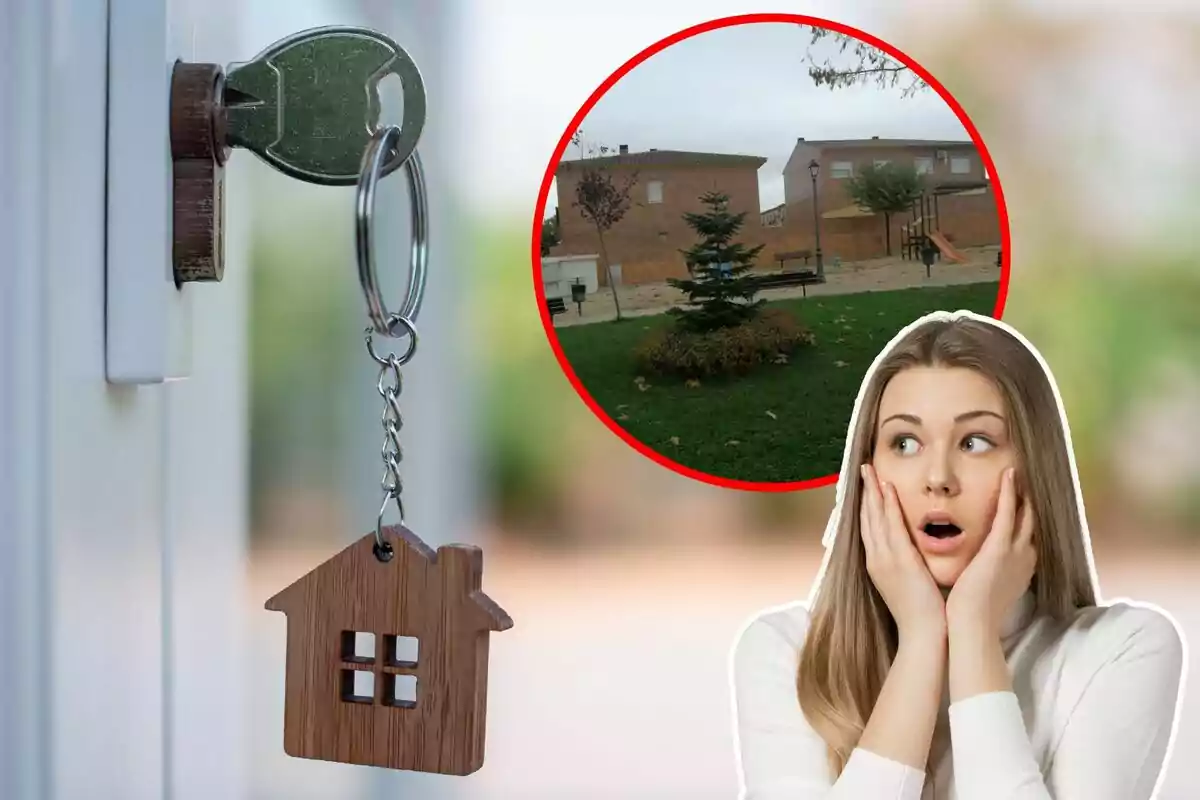 Una llave con un llavero en forma de casa está en una cerradura, una mujer con expresión de sorpresa y un círculo rojo muestra un parque con césped y edificios al fondo.