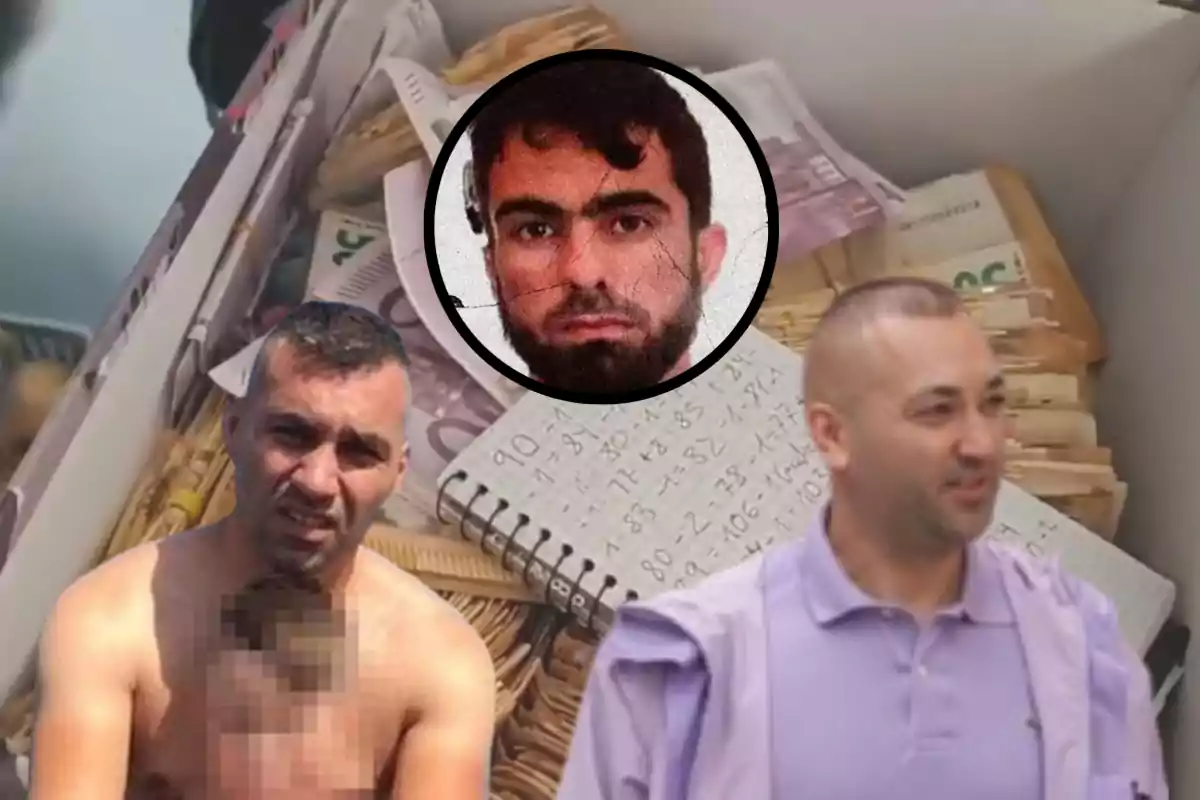 tres hombres y fajos de dinero de fondo