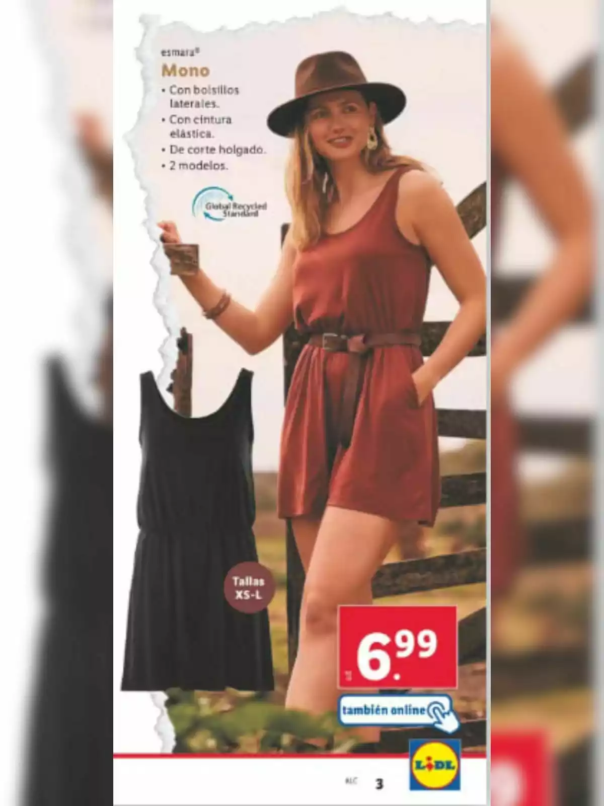 Mujer usando un mono corto color marrón con cinturón y sombrero de Lidl, junto a la imagen de un mono negro, ambos disponibles en tallas XS a L y en oferta en Lidl por 6.99 euros. Mujer usando un mono corto color marrón con cinturón y sombrero de Lidl, junto a la imagen de un mono negro, ambos disponibles en tallas XS a L y en oferta en Lidl por 6.99 euros.