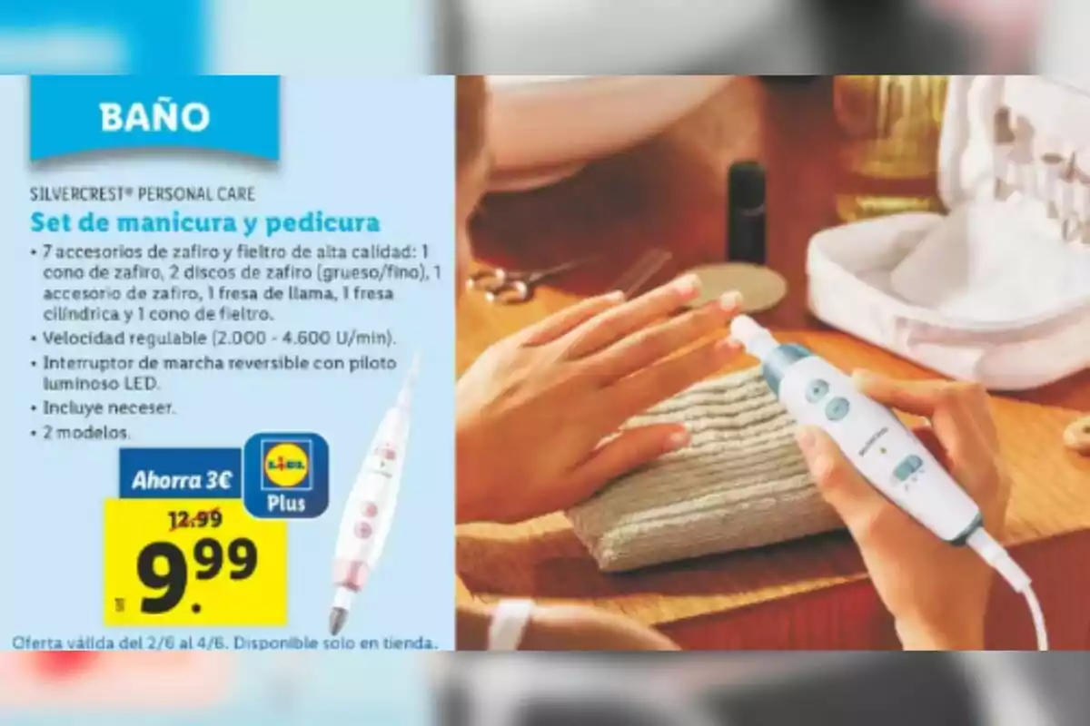 Persona usando un set de manicura y pedicura eléctrico sobre una mesa de madera con accesorios y estuche blanco de Lidl, junto a una promoción de precio en un folleto de tienda. Persona usando un set de manicura y pedicura eléctrico sobre una mesa de madera con accesorios y estuche blanco de Lidl, junto a una promoción de precio en un folleto de tienda.