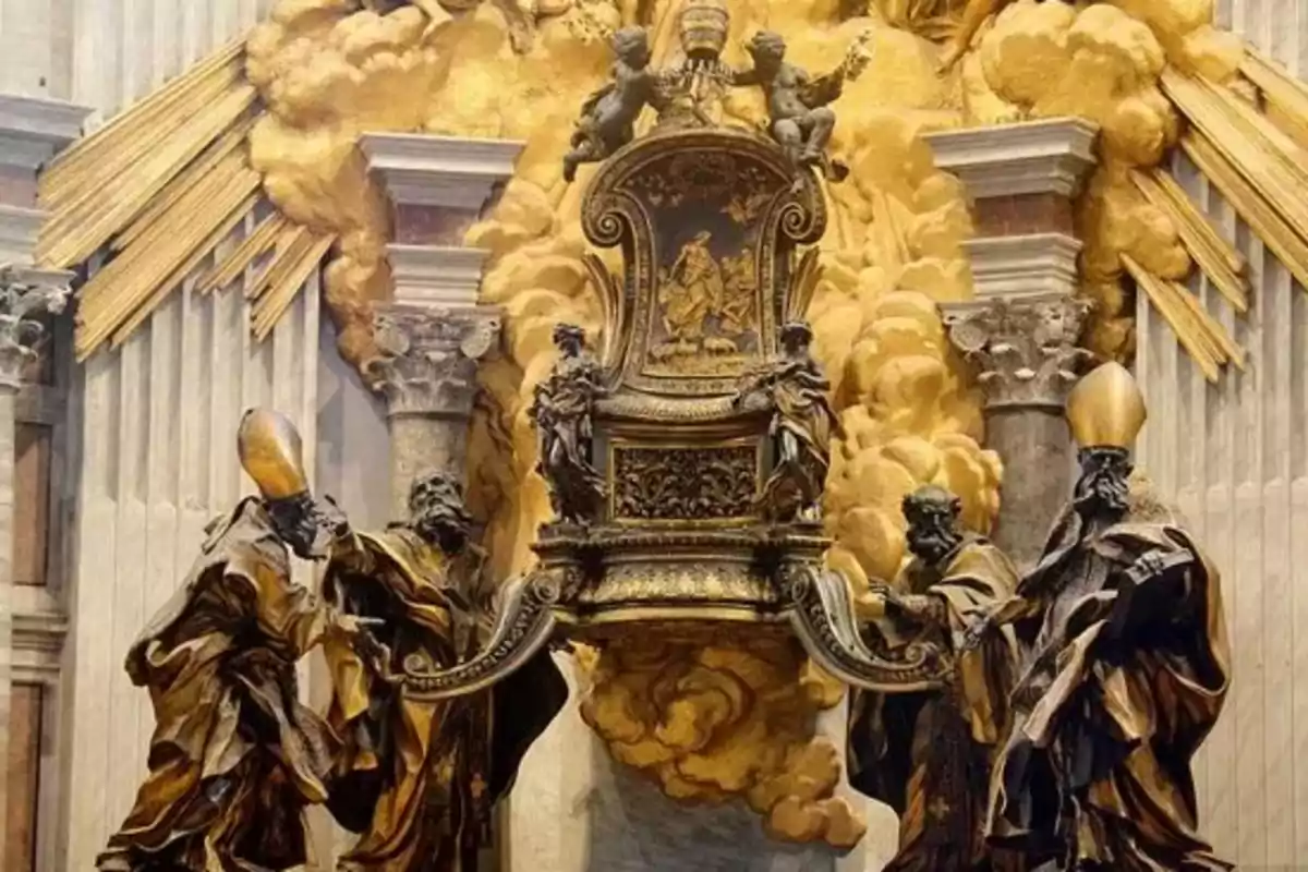 Escultura barroca con figuras religiosas sosteniendo un trono decorado, rodeado de nubes doradas y rayos de luz.