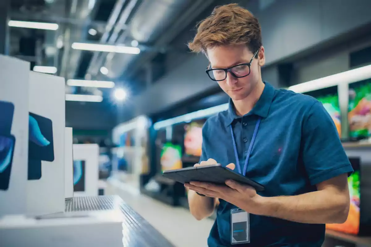 Joven con gafas usando una tablet en una tienda de tecnología rodeado de cajas de productos electrónicos