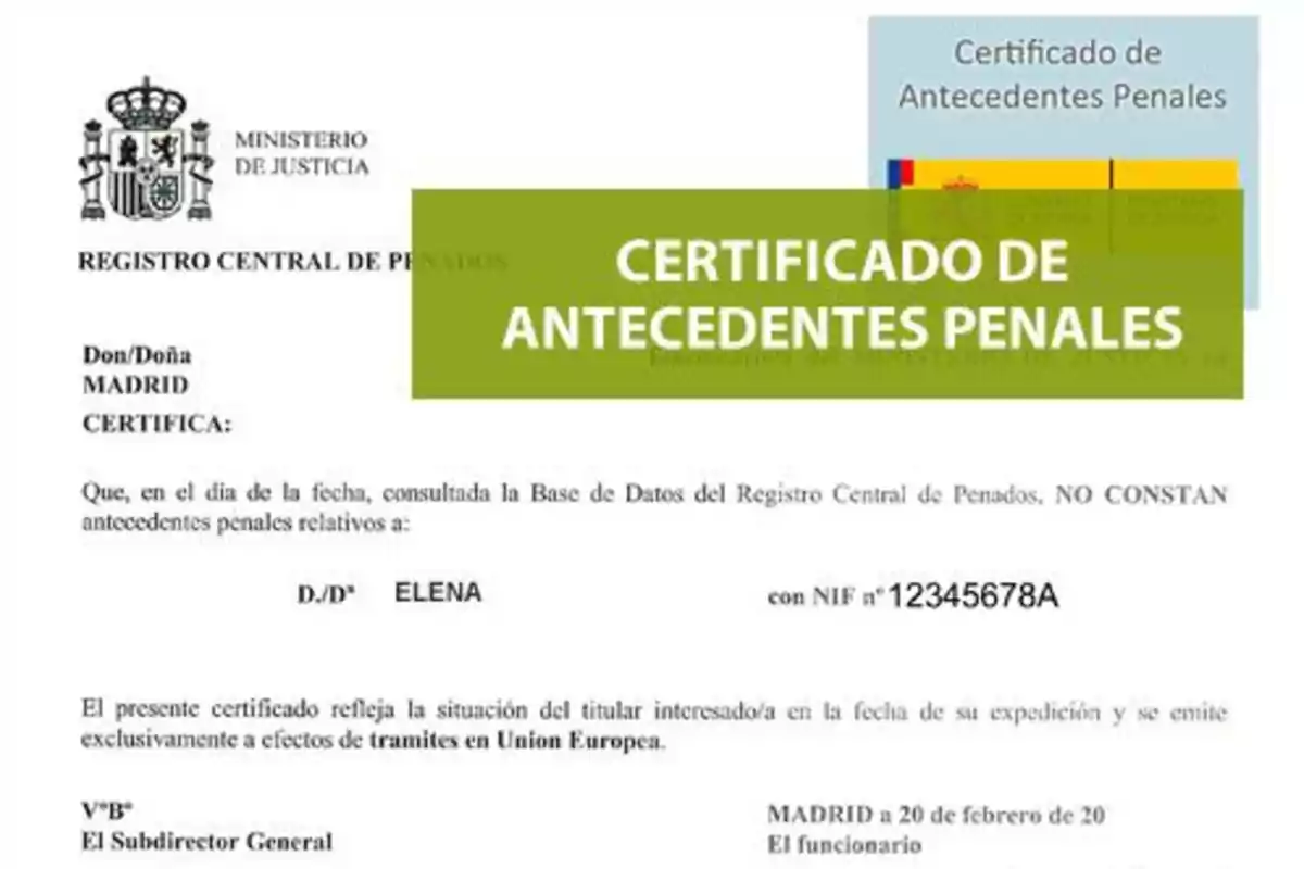 Certificado de antecedentes penales emitido por el Ministerio de Justicia de España, indicando que no constan antecedentes penales para la persona mencionada.