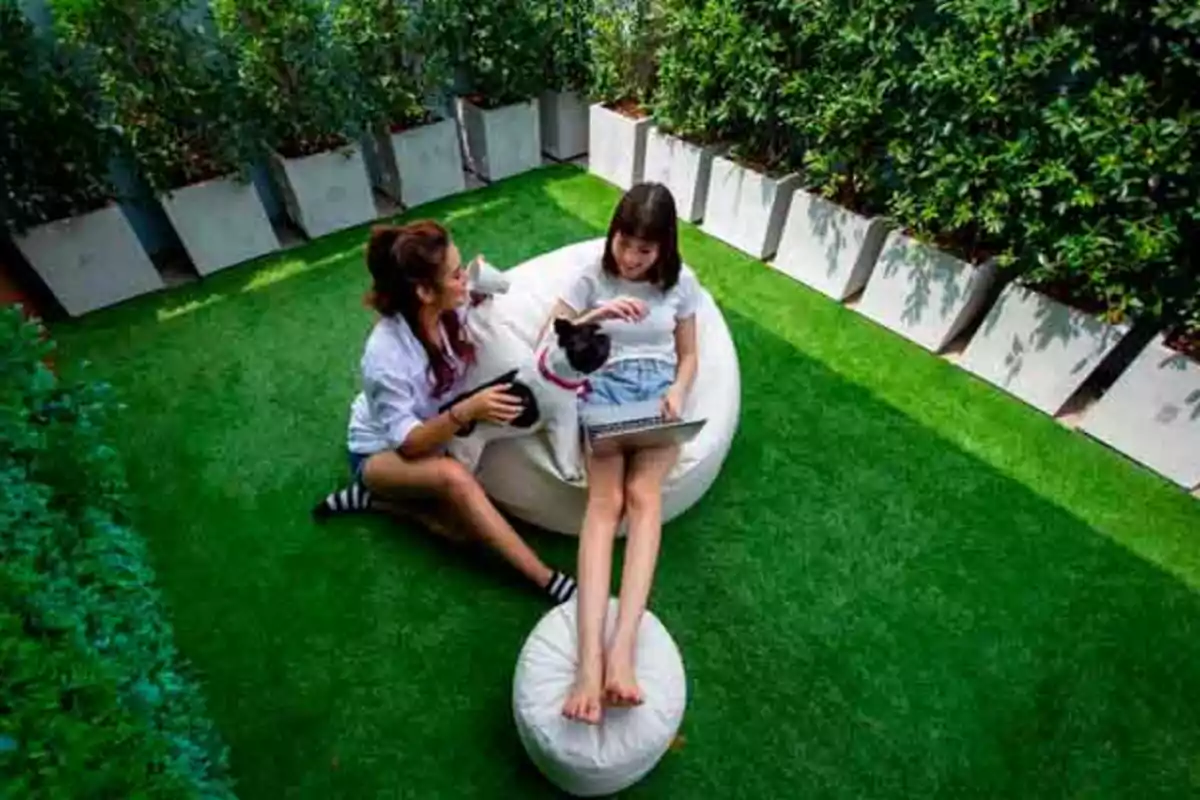 Dos personas sentadas en un jardín con césped artificial, una de ellas usando una computadora portátil y acariciando a un perro.
