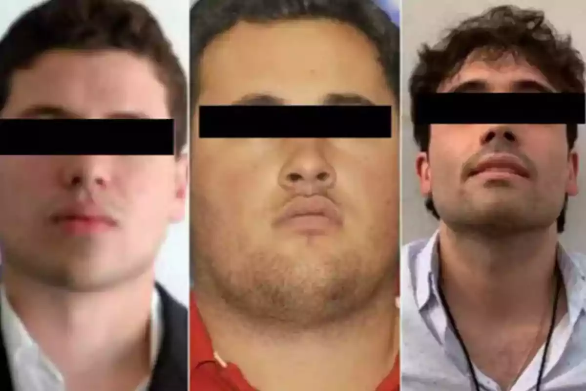 Tres hombres con los ojos cubiertos por una franja negra.