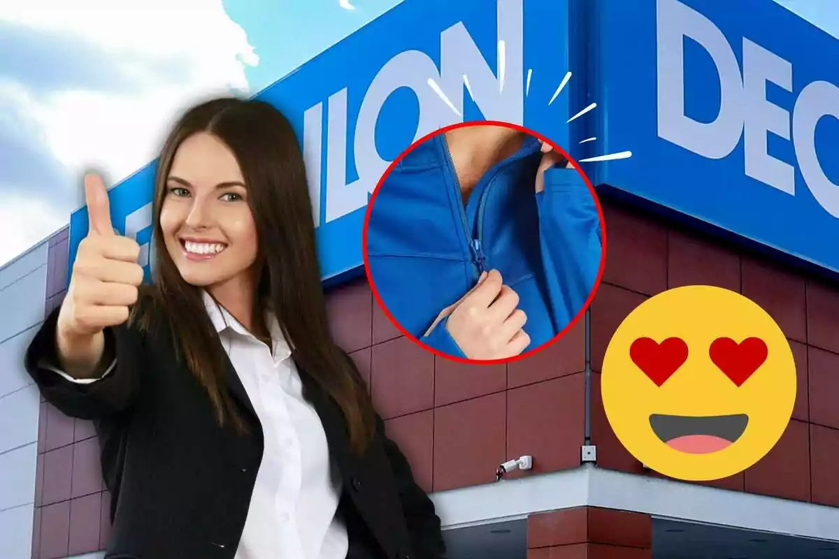 Mujer sonriendo con pulgar arriba frente a una tienda Decathlon con un emoji de ojos de corazón y un círculo resaltando una chaqueta azul.