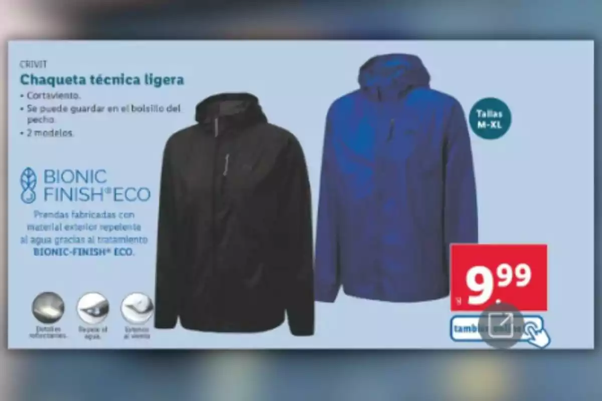 Chaqueta técnica ligera de Crivit, cortaviento, disponible en dos modelos y tallas M a XL, fabricada con material repelente al agua gracias al tratamiento Bionic-Finish Eco, precio 9.99. Chaqueta técnica ligera de Crivit, cortaviento, disponible en dos modelos y tallas M a XL, fabricada con material repelente al agua gracias al tratamiento Bionic-Finish Eco, precio 9.99.