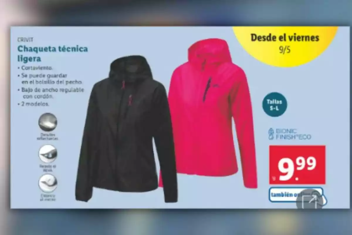 Imagen de un anuncio que muestra dos chaquetas técnicas ligeras, una negra y otra rosa, con características como cortaviento, almacenamiento en el bolsillo del pecho y bajo ajustable con cordón, disponibles en tallas S a L, con un precio de 9.99 euros. Imagen de un anuncio que muestra dos chaquetas técnicas ligeras, una negra y otra rosa, con características como cortaviento, almacenamiento en el bolsillo del pecho y bajo ajustable con cordón, disponibles en tallas S a L, con un precio de 9.99 euros.