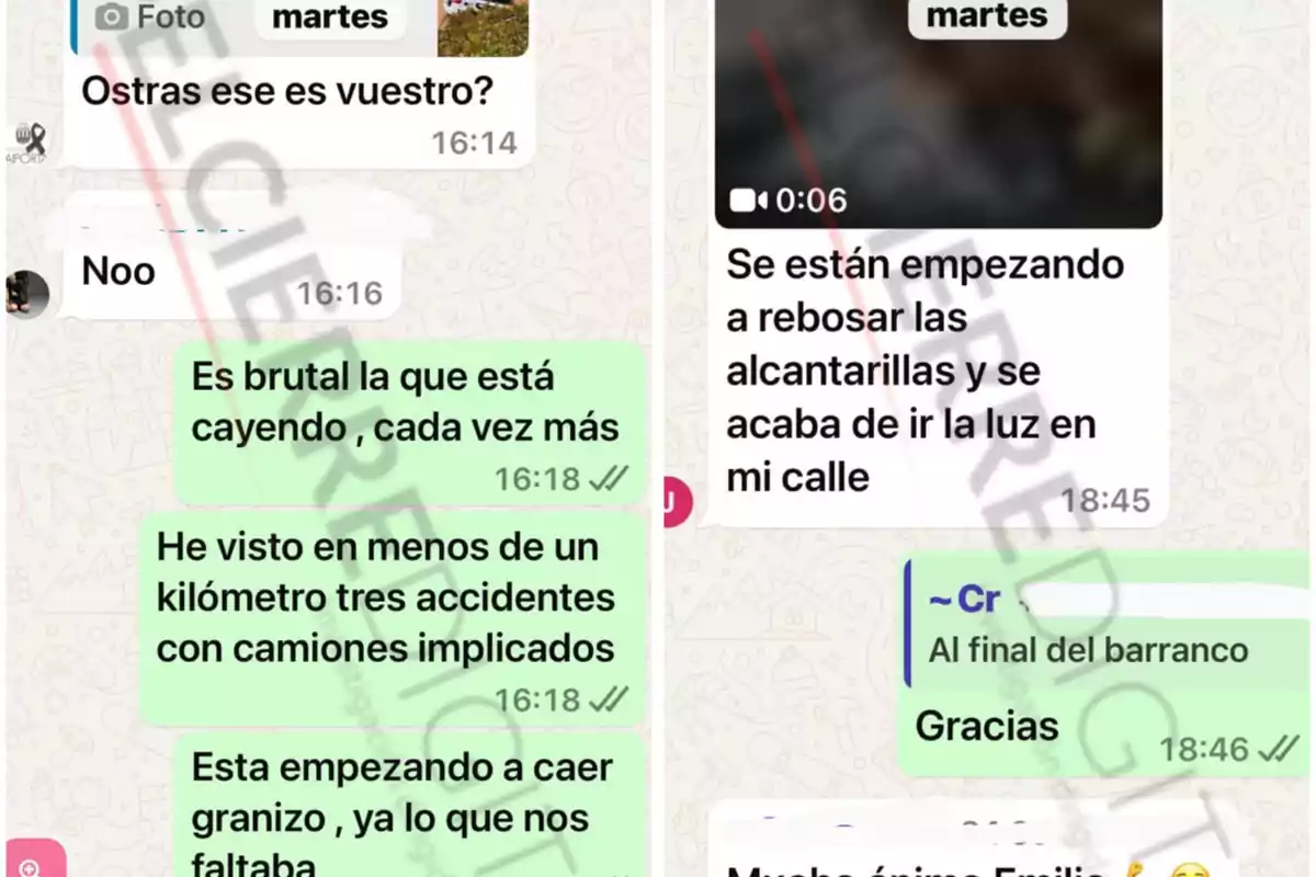 Una conversación de WhatsApp sobre el mal tiempo, con mensajes que mencionan accidentes, granizo y problemas con las alcantarillas.