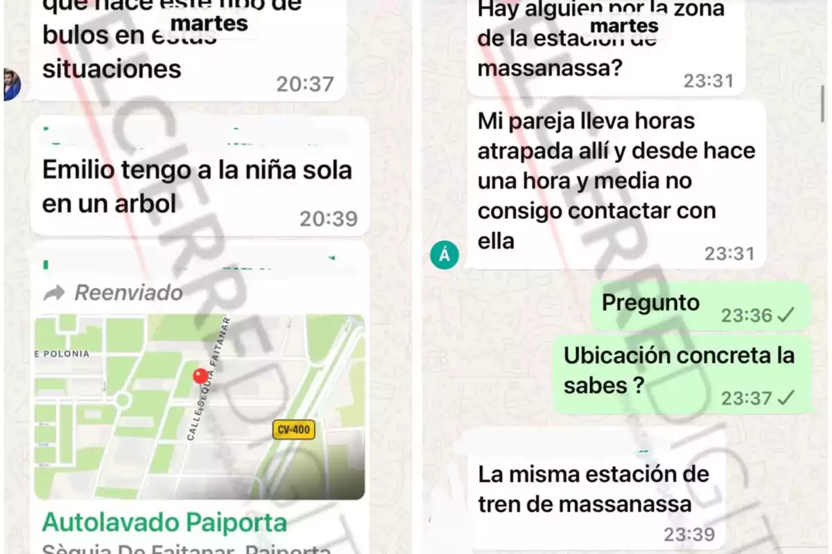 Una conversación de WhatsApp muestra mensajes sobre una niña sola en un árbol y una pareja atrapada en la estación de tren de Massanassa, junto con un mapa de ubicación.