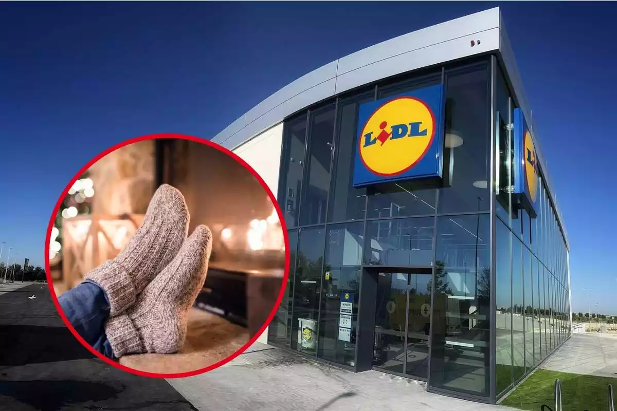 Montaje pies con calcetines junto a chimenea en un círculo sobre fondo de exterior de un Lidl