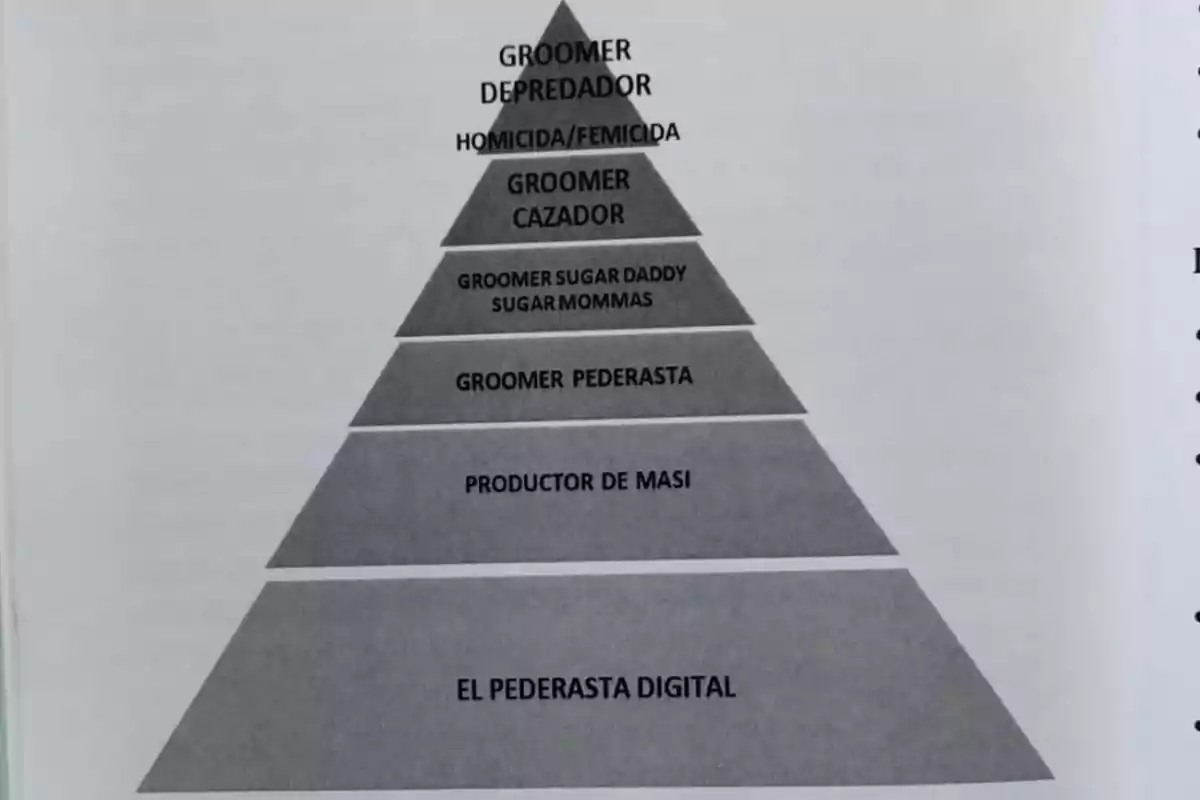 Pirámide jerárquica que muestra diferentes niveles de comportamiento delictivo en línea, desde 