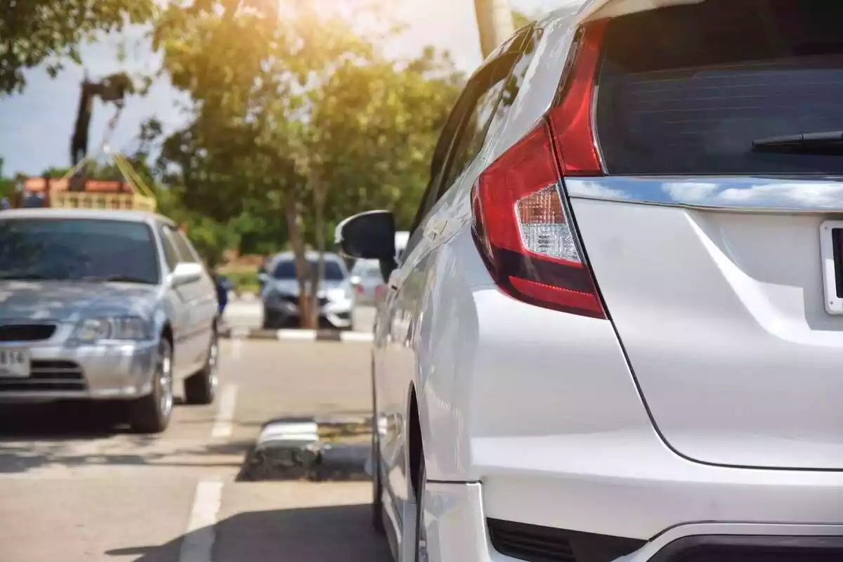 Varios coches aparcados bajo el sol con un árbol detrás