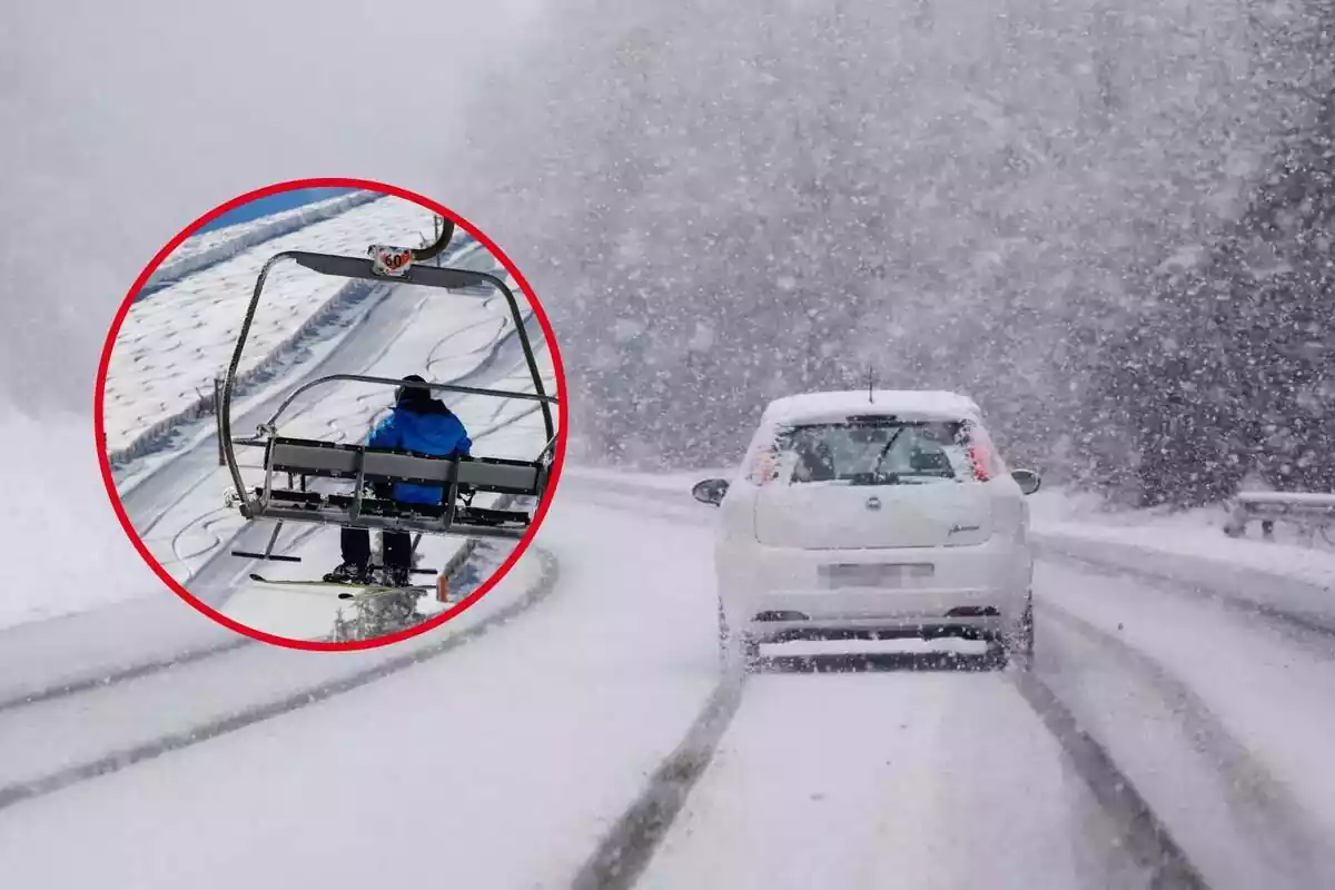 Montaje con un coche atravesando una fuerte nevada y una persona en un telesilla en una estación de esquí