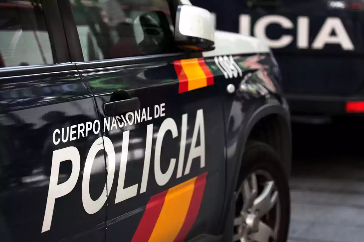 Un coche del Cuerpo Nacional de Policía con el logotipo y los colores de la bandera de España en la puerta.