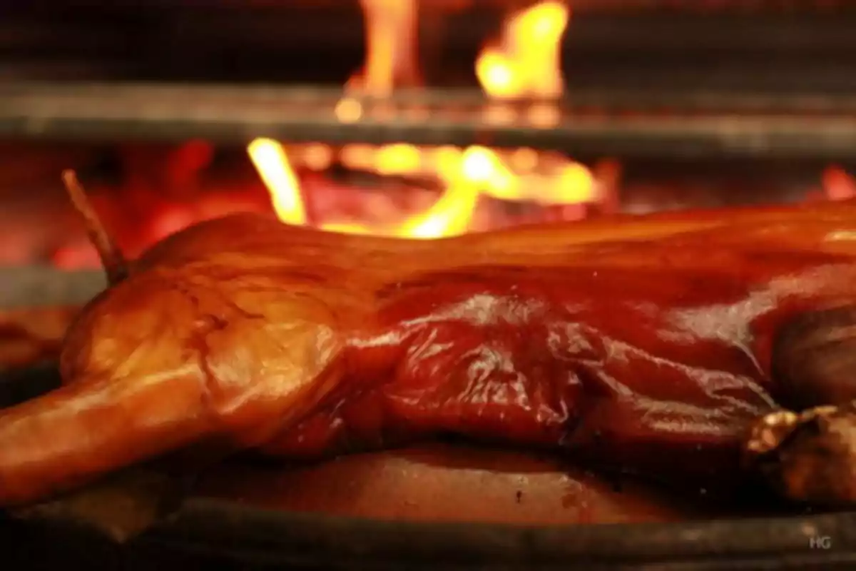 Un cochinillo asado cocinándose en un horno de leña con llamas al fondo.