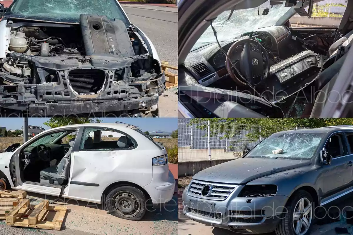 Imagen de varios coches dañados con cristales rotos y partes faltantes.