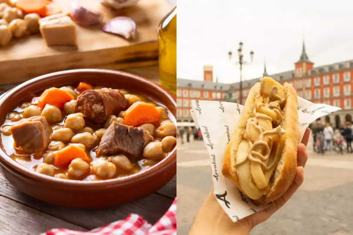 Un plato de cocido madrileño con garbanzos, carne y zanahorias junto a un bocadillo de calamares en una plaza concurrida.