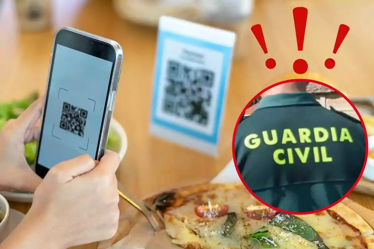 Persona escaneando un código QR con un teléfono móvil en un restaurante, con una pizza en primer plano y una imagen de un agente de la Guardia Civil en un círculo rojo con signos de exclamación.