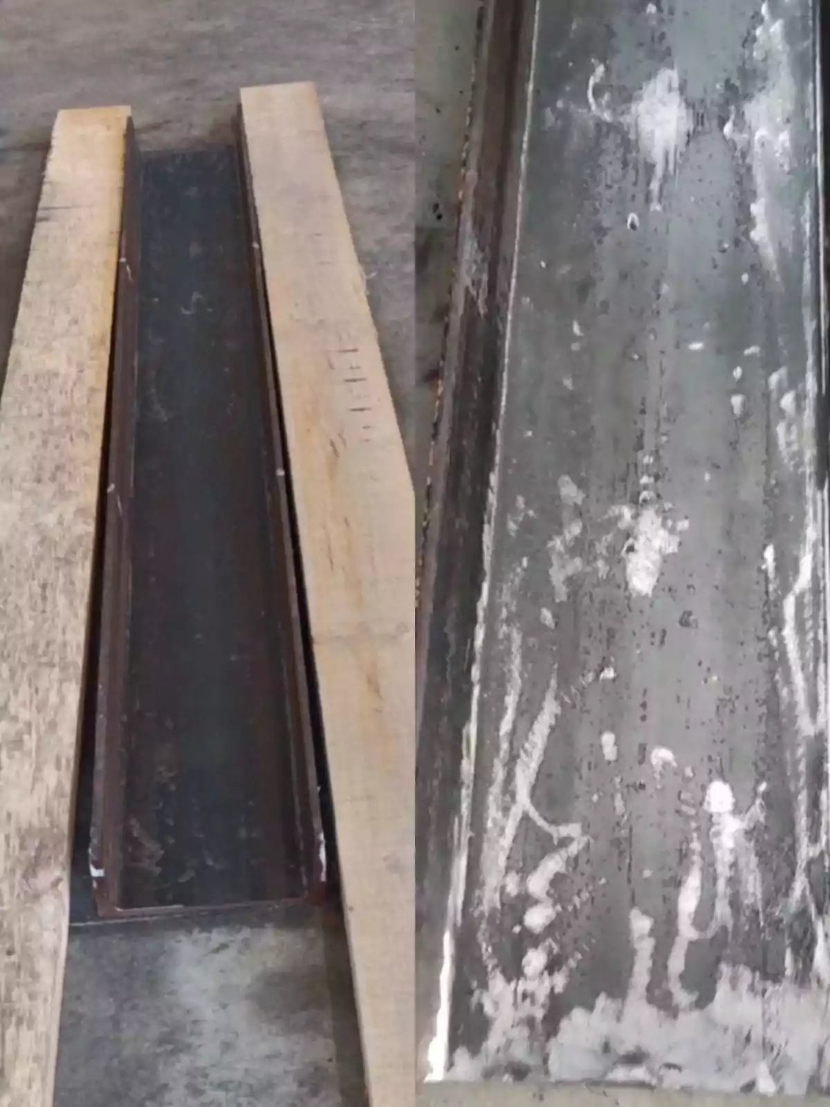 Dos imágenes de una viga de metal entre dos tablas de madera, una vista desde arriba y otra mostrando detalles de la superficie metálica.