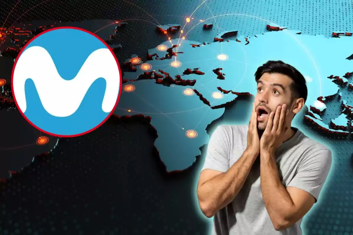 Hombre sorprendido con las manos en la cara frente a un mapa mundial con el logo de Movistar.