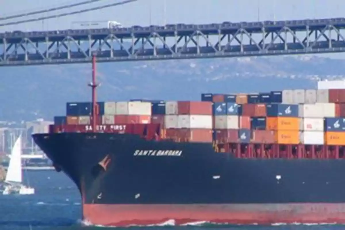 Un barco de carga lleno de contenedores navega bajo un puente. Un barco de carga lleno de contenedores navega bajo un puente.