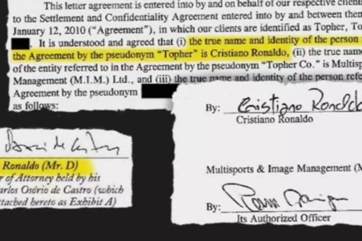 Documento con texto resaltado y firmas, mencionando un acuerdo de confidencialidad y el uso de un seudónimo.