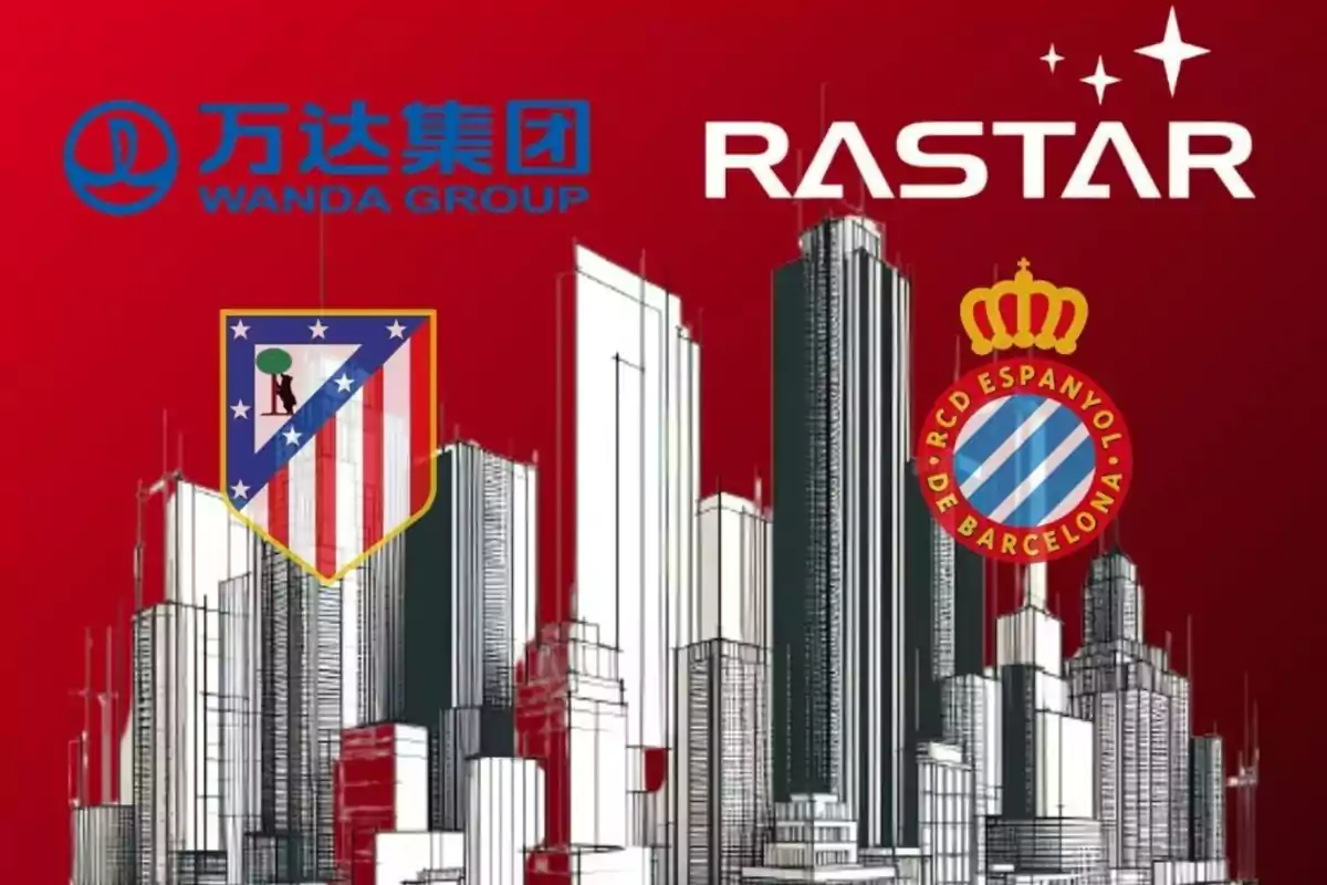 Logos de Wanda Group y Rastar sobre un fondo rojo con ilustraciones de edificios y los escudos del Atlético de Madrid y RCD Espanyol.