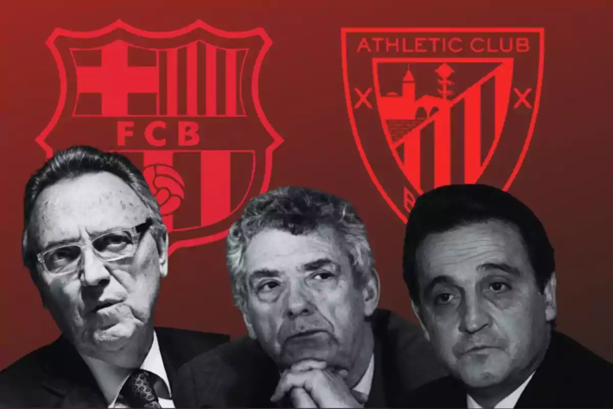 Tres hombres en primer plano con expresiones serias, detrás se ven los escudos del FC Barcelona y el Athletic Club sobre un fondo rojo.