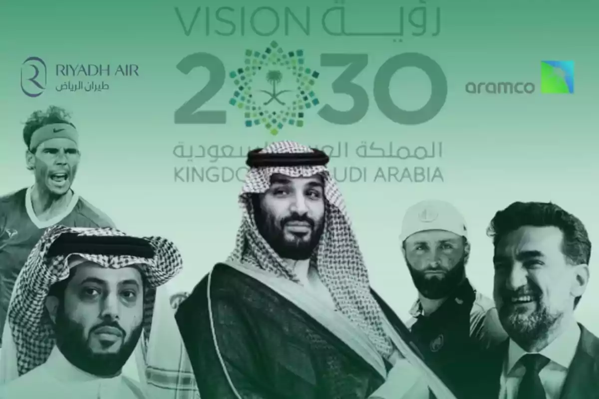 Una imagen con un fondo verde muestra a varias personas destacadas, incluyendo a un hombre con vestimenta tradicional saudí en el centro, rodeado de otros individuos, junto a los logotipos de Riyadh Air y Aramco, y el texto "Vision 2030 Kingdom of Saudi Arabia".