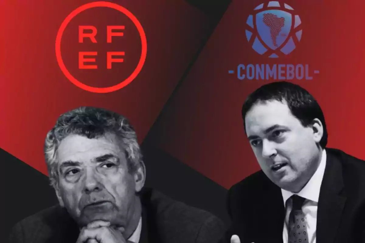 Dos hombres en traje con logotipos de RFEF y CONMEBOL en un fondo rojo y negro.