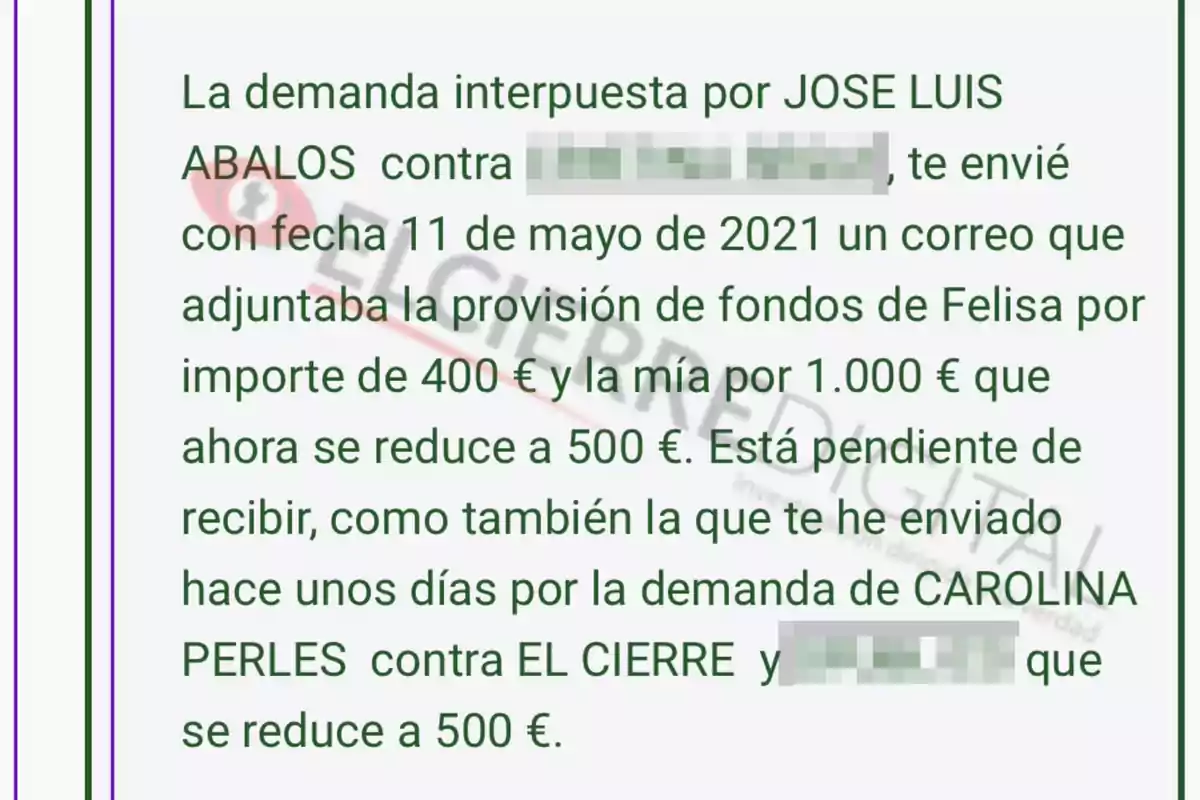 Una imagen que muestra un texto sobre una demanda interpuesta por una persona contra otra, mencionando fechas, importes de dinero y ajustes en las cantidades, así como la mención de otra demanda relacionada.