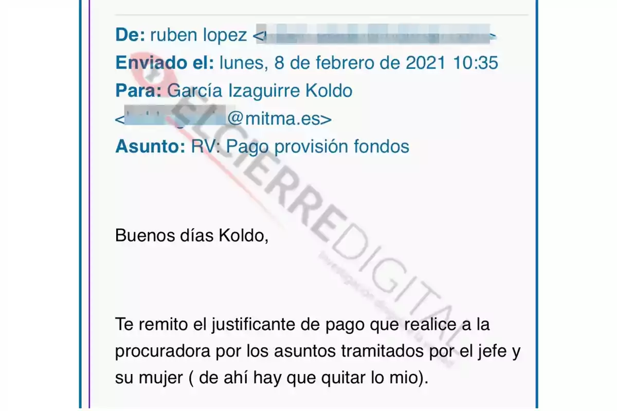 Correo electrónico de Rubén López a García Izaguirre Koldo enviado el 8 de febrero de 2021 a las 10:35 con el asunto 