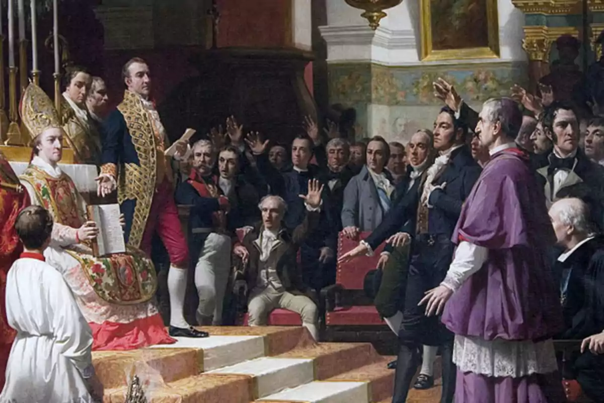 Una pintura histórica que muestra a un grupo de hombres, algunos con vestimentas religiosas y otros con trajes formales, en una ceremonia o reunión solemne.