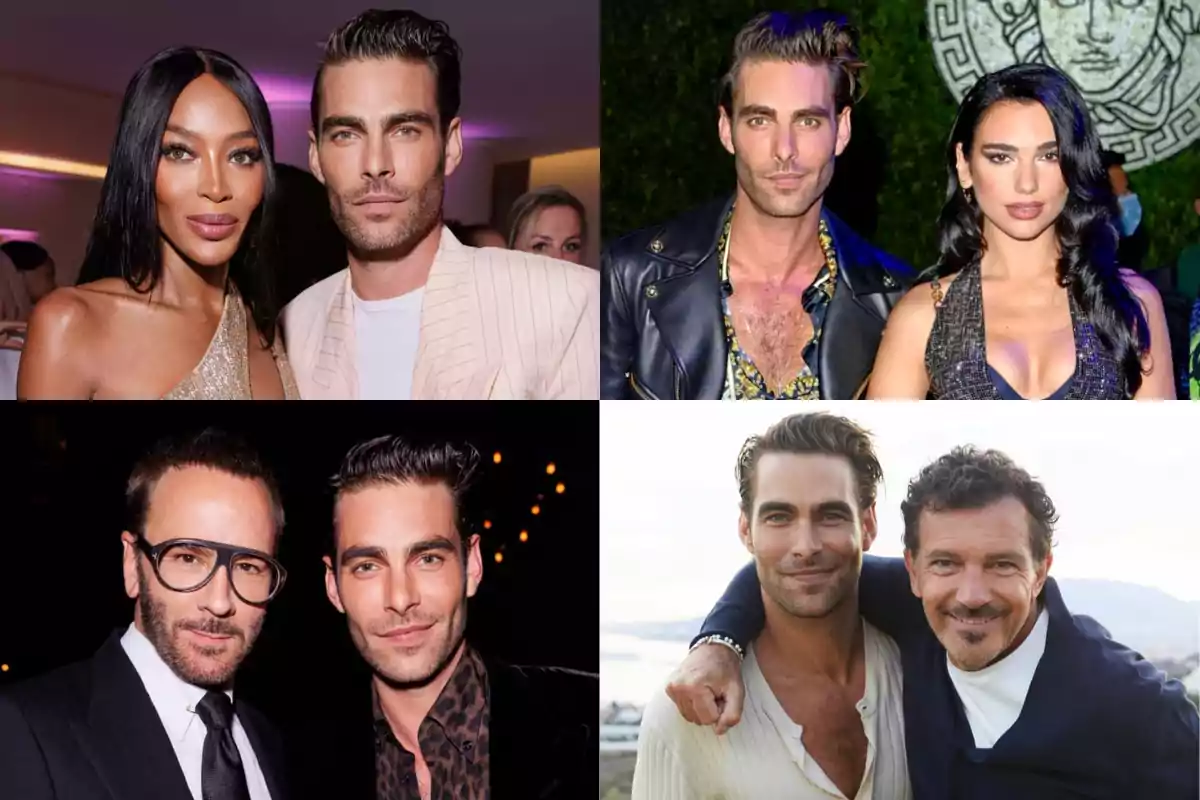 Cuatro fotos de un hombre con diferentes personas en eventos sociales.