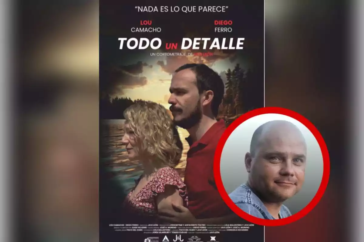 Cartel de la película "Todo un Detalle" con dos personas de perfil frente a un lago al atardecer y un círculo rojo con el rostro de un hombre en la esquina inferior derecha.