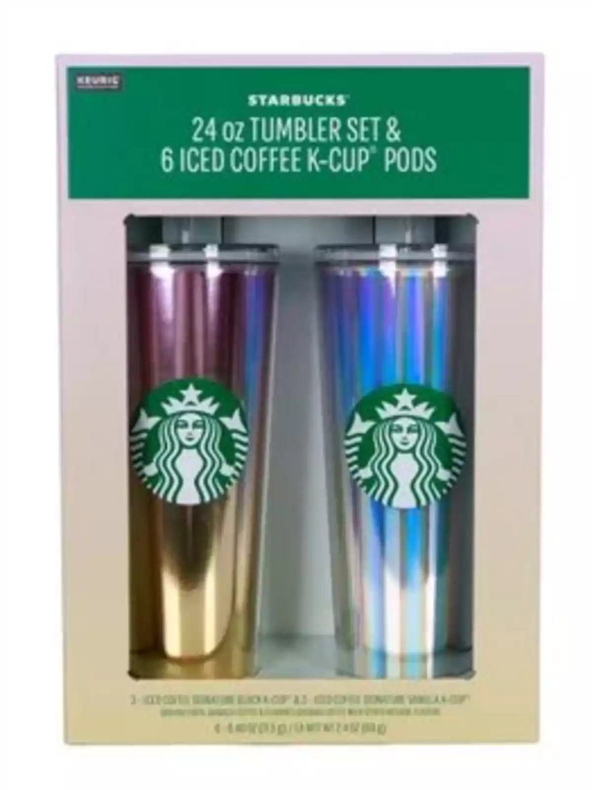 24 oz iridescent design Starbucks thermal cup set, accompanied by 6 iced coffee K-Cup pods. 24 oz iridescent design Starbucks thermal cup set, accompanied by 6 iced coffee K-Cup pods.
