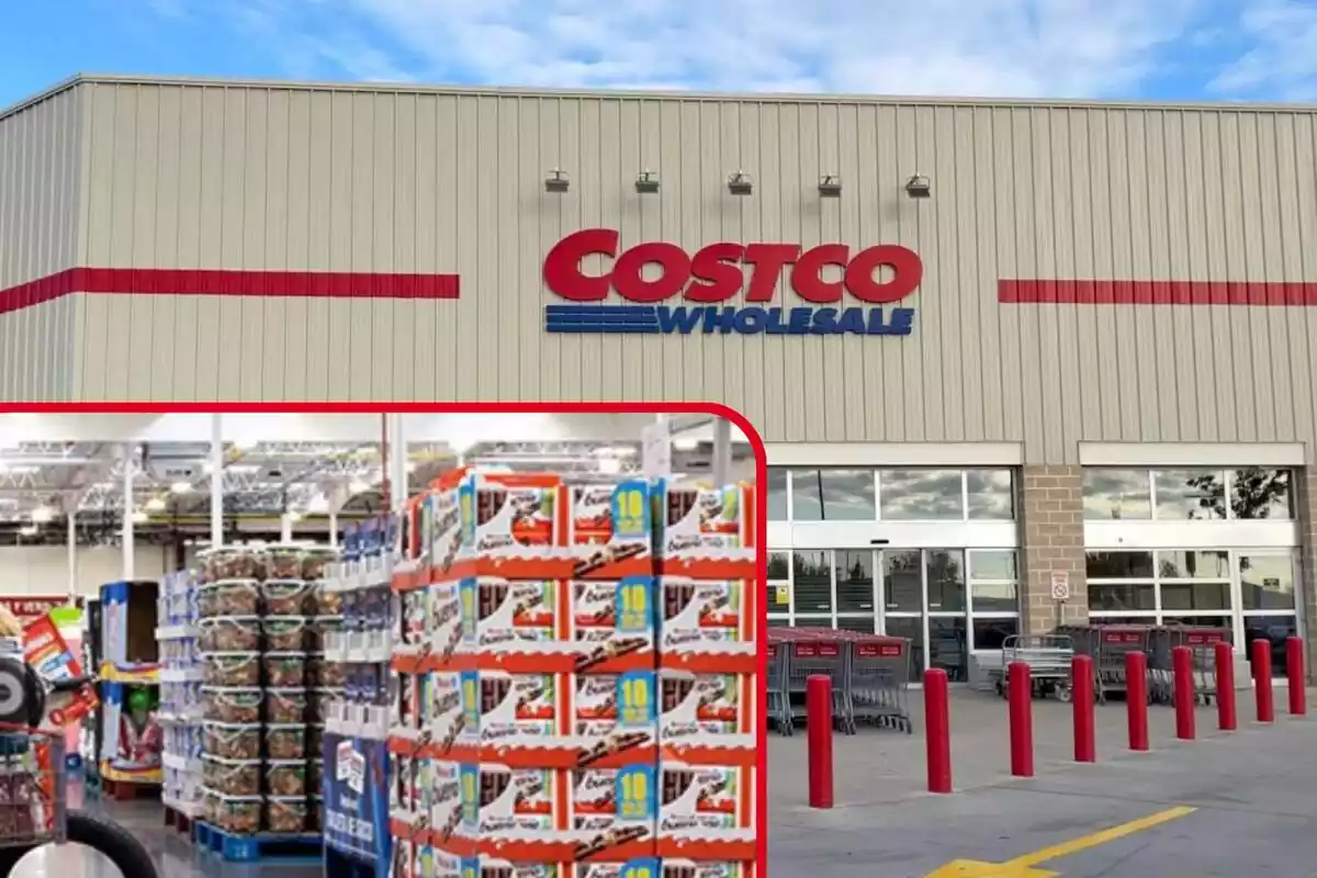 Interior de almacén con pilas de productos sobre palets en cuadrado rojo incompleto sobre fondo de puerta de Costco Interior de almacén con pilas de productos sobre palets en cuadrado rojo incompleto sobre fondo de puerta de Costco
