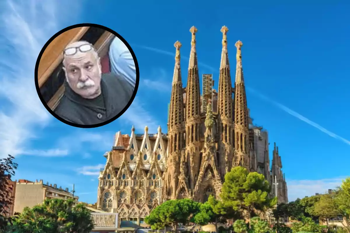 Un hombre con gafas en la cabeza aparece en un círculo sobre una imagen de la Sagrada Familia en Barcelona.