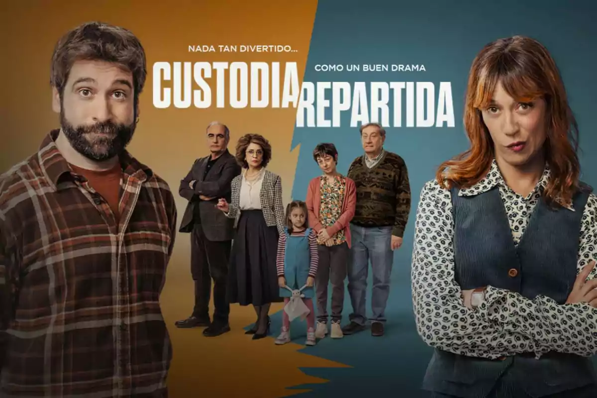 Un póster de la película "Custodia Compartida" muestra a un hombre y una mujer en primer plano, con un grupo de personas detrás de ellos, sobre un fondo dividido en dos colores.