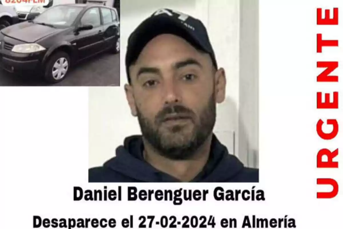 Imagen de una persona desaparecida llamada Daniel Berenguer García, con la palabra "URGENTE" en rojo a la derecha, una foto de un coche negro en la parte superior izquierda y el texto "Desaparece el 27-02-2024 en Almería" en la parte inferior.